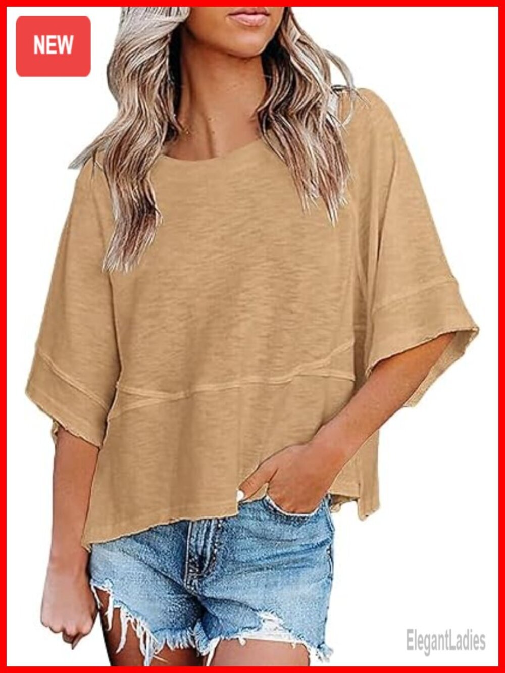 Womens Fashion T-Shirt 3/4 Sleeve Crewneck Loose Fit Summer Casual Tee Blouse